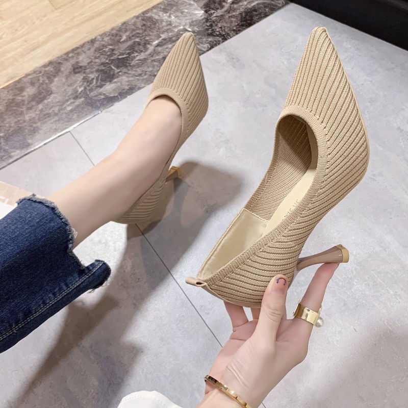NEW Sale#Giày cao gót nữ đế nhọn mũi 2021 mùa thu Hàn Quốc khí chất sexy đen bay đan đơn . ! : : ' :
