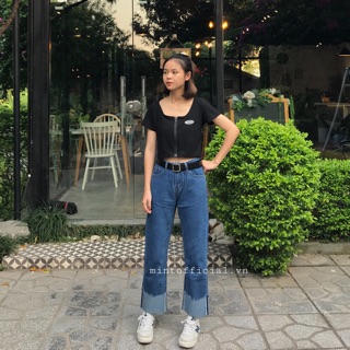 Quần jeans suông xanh đậm gập gấu