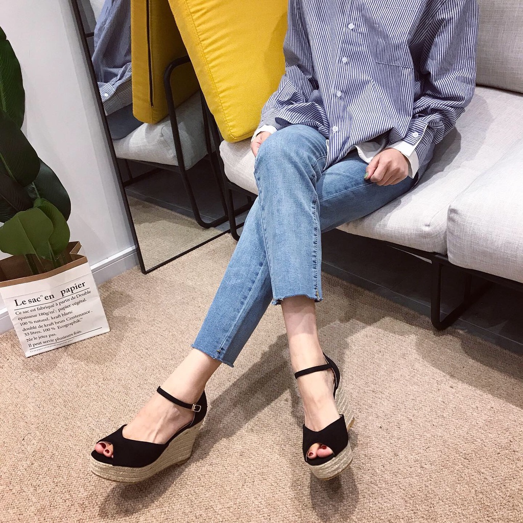 Giày Sandal Cao Gót Đế Xuồng Bện Sợi Rơm Có Khóa Cài Thời Trang Mùa Hè Châu Âu Cho Nữ 2022