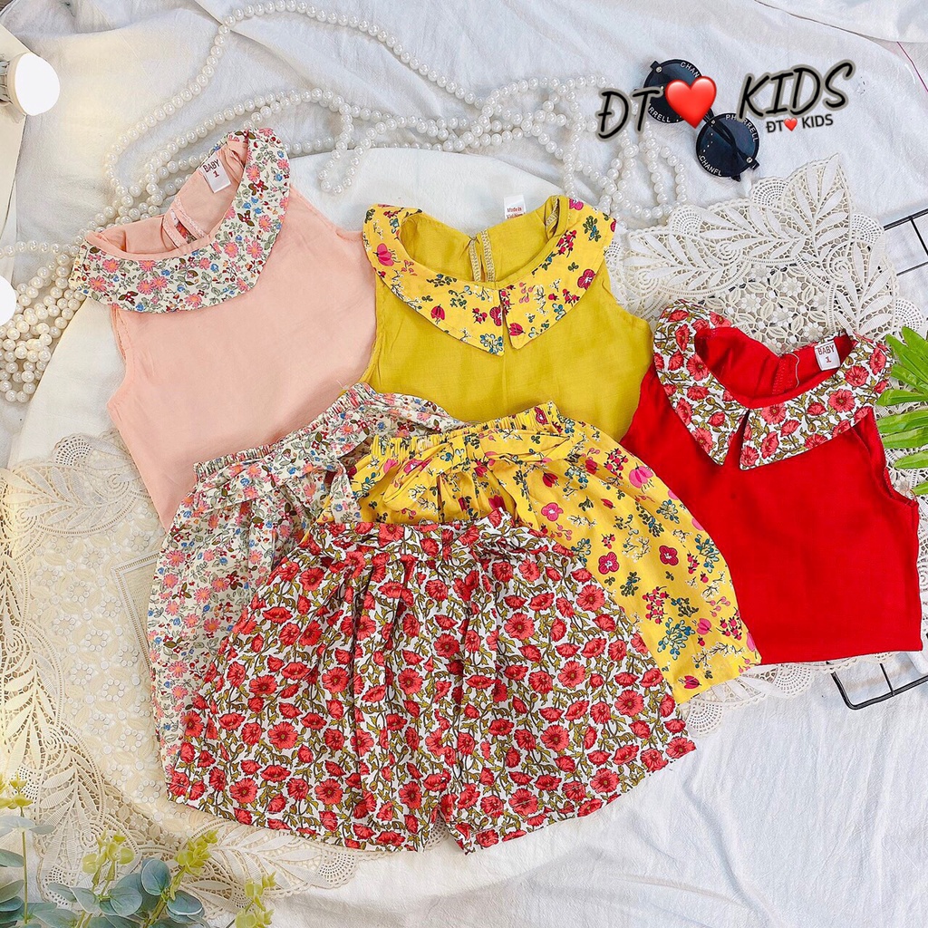 Bộ hè cho bé gái, bộ ba lỗ họa tiết hoa nhí chất thô Hàn mềm mại cho bé gái