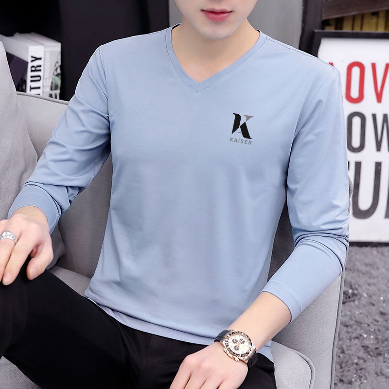 เสื้อยืด∏▣2021 new spring cotton áo thun dài tay nam cổ chữ V quần thời trang hàng hiệu xu hướng mùa thu sơ mi phía dưới