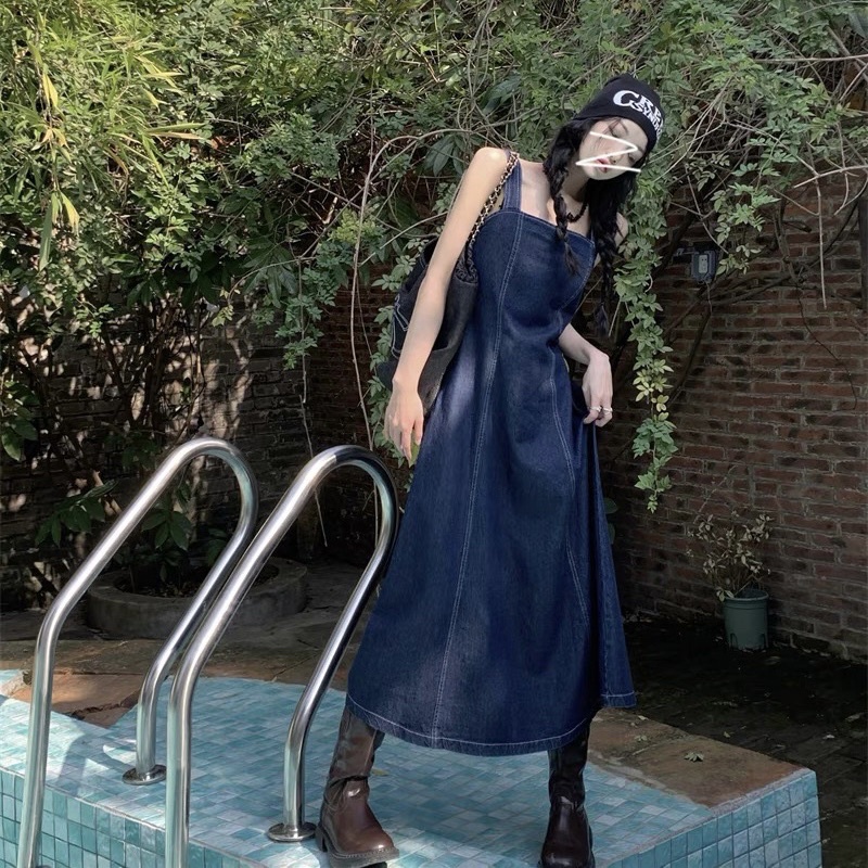 Váy hai dây denim dáng dài phong cách cổ điển có dây đan lưng