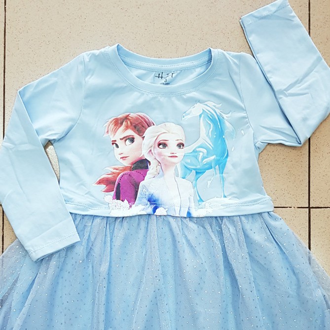 Đầm thun cottton chân voan tay dài in công chúa elsa bé gái