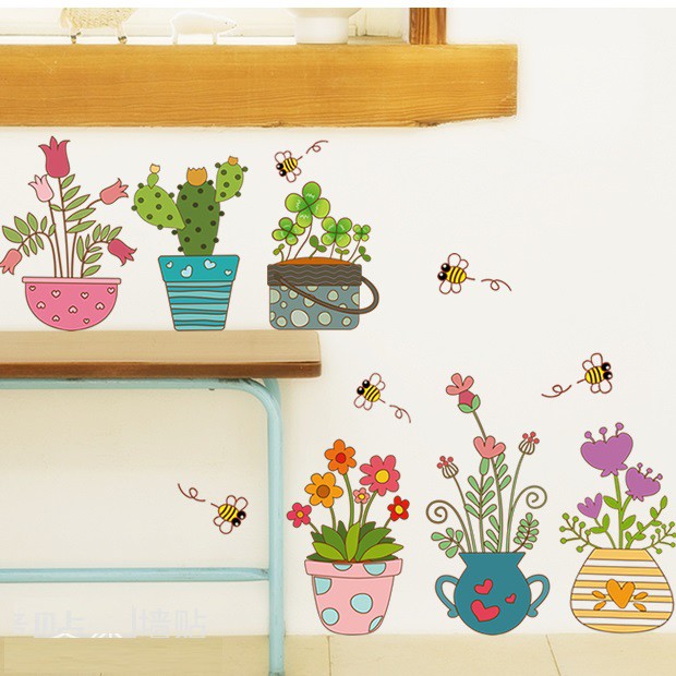 Decal dán tường chậu hoa