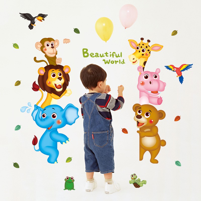 Tranh decal dán tường ĐỘNG VẬT TINH NGHỊCH BÊN CỬA cho bé - Decal dán tường️