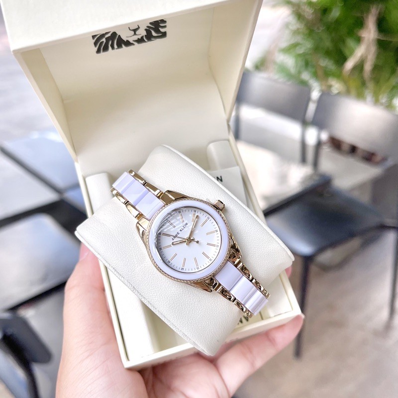 Đồng hồ nữ thương hiệu ANNE KLEIN dây demi tone gold và trắng sữa model AK/3212WTGB