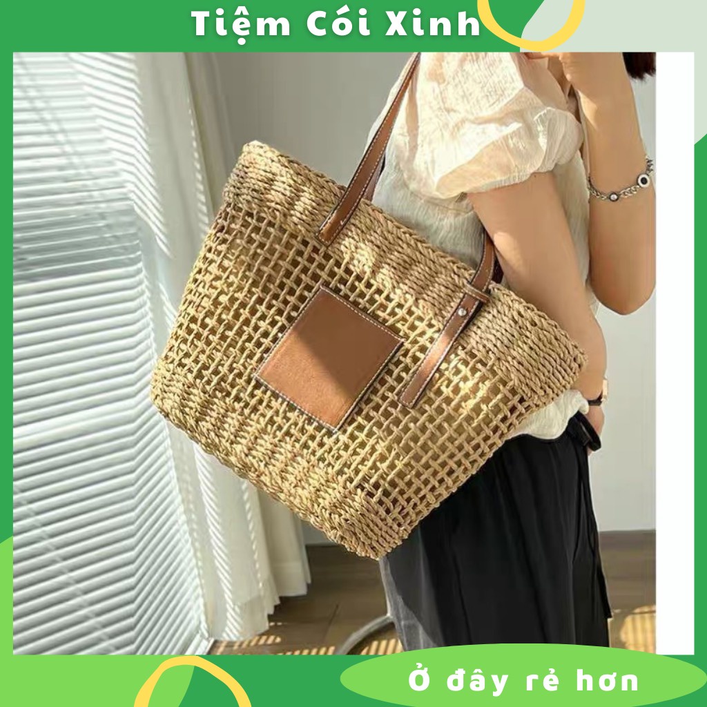 Túi cói đan lưới thưa đeo vai đi biển dây da TIỆM CÓI XINH phong cách vintage