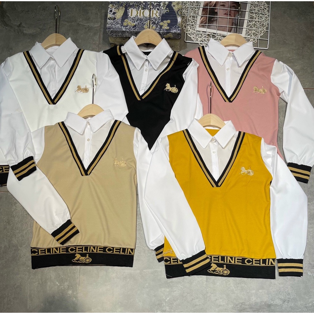 Áo gile nữ cổ V nỉ cotton kèm áo sơ mi trắng dài tay Siêu Hot