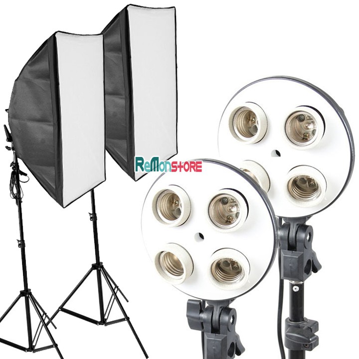 2 Softbox đuôi Sứ 4 chuôi 50x70cm - 2 Chân đèn 2m không bao gồm đèn