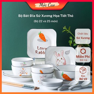 Set bát đĩa, bộ bát đĩa bằng sứ họa tiết thỏ đáng yêu - bộ bát đĩa decor 22 món và 25 món phụ kiện bàn ăn