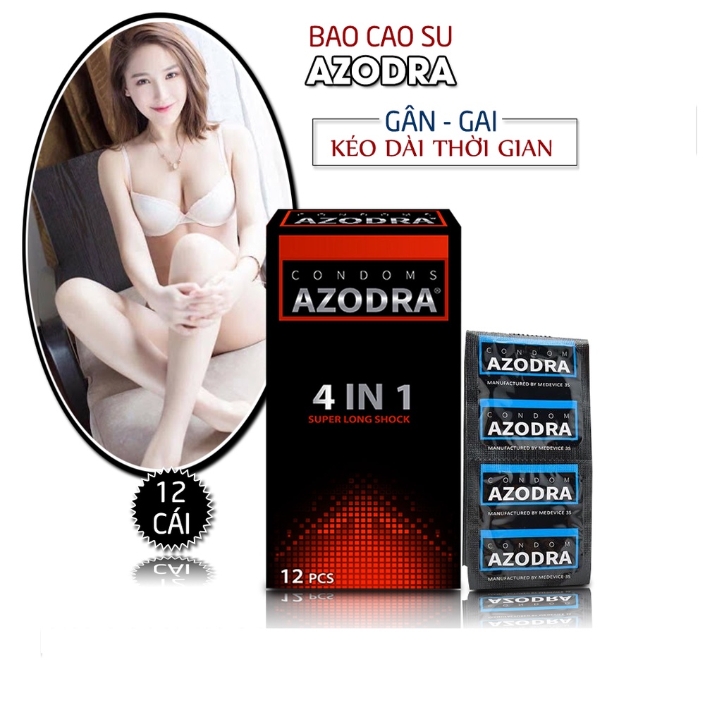 Bao Cao Su Azodra 4 in 1- Hộp 12 Cái, Bcs Gân Gai Kéo Dài Thời Gian, Hàng Chính Hãng Từ Thái Lan