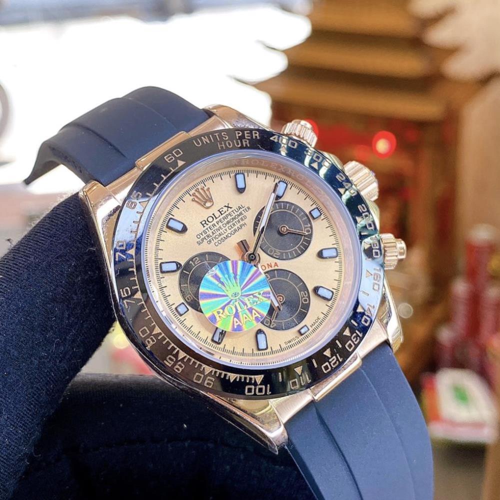 Đồng hồ Nam Rolex máy nhật-Đồng hồ cơ Automatic Rolex 3 nút mặt vàng hồng dây cao su size 40-42 mm