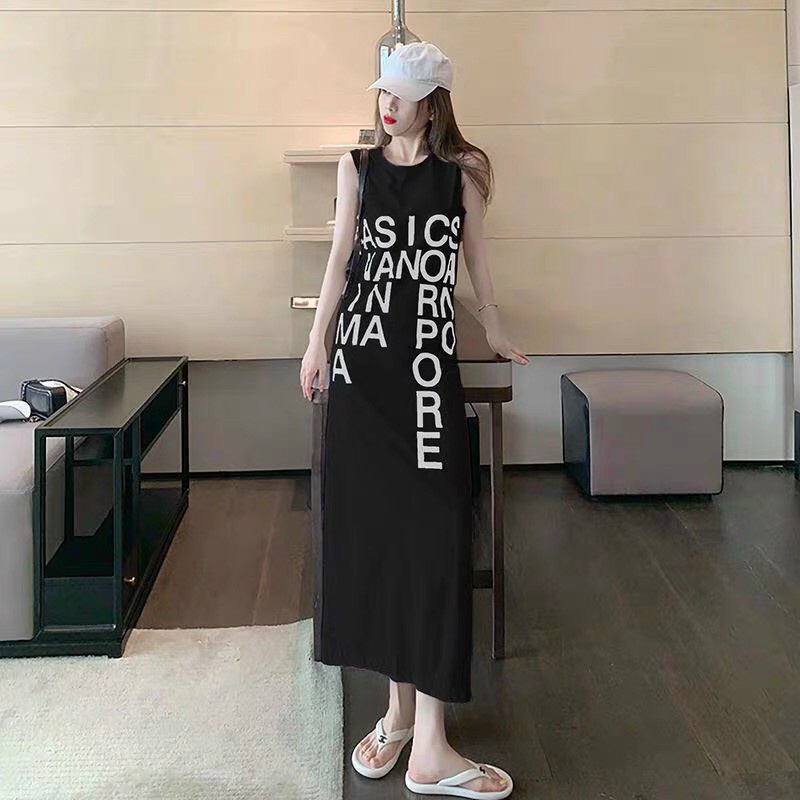 Váy suông mặc hè - đầm suông sát nách muà hè dáng dài in chữ pore