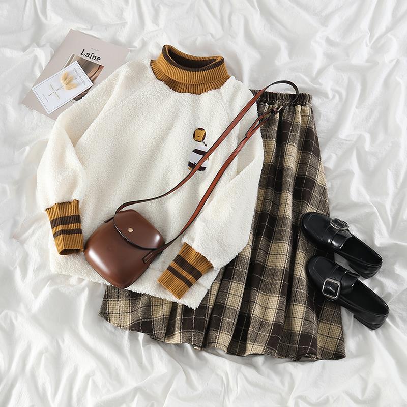 Set áo len dài tay cổ lọ + chân váy dài thời trang nữ