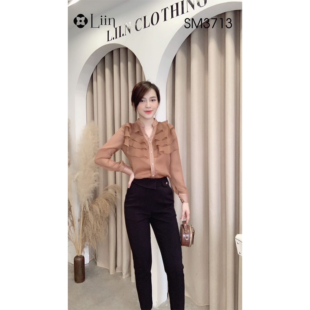 [Mã FAMARAL1 giảm 10K đơn 50K] Áo sơ mi dài tay màu nâu mix cổ tàu cách điệu bèo tầng xinh xắn Liin Clothing SM3713