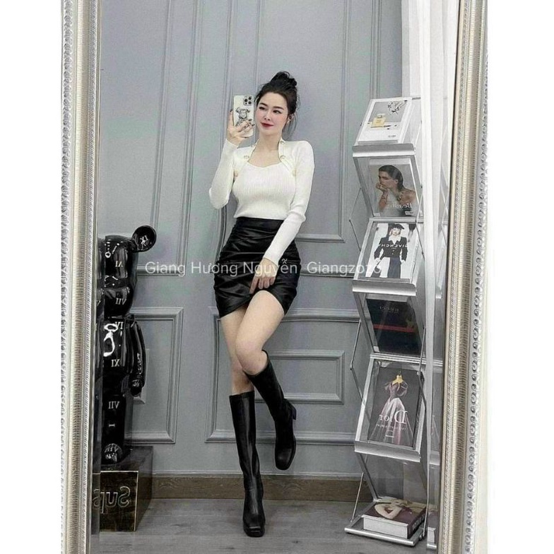 Chân váy da nhún vạt chéo dáng ngắn hàng QC