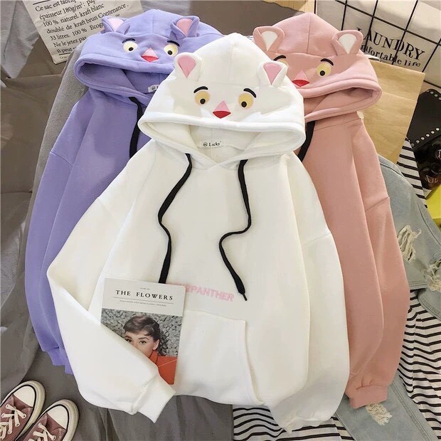 Áo hoodie form rộng nam nữ thời trang vải nỉ bông cao cấp phối nón họa tiết chú báo hồng