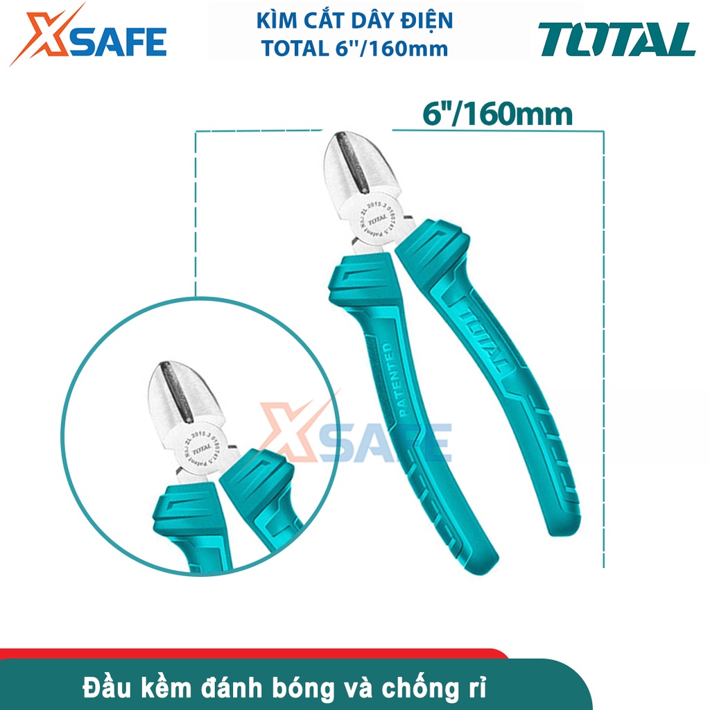 Kềm cắt 6''/160mm TOTAL THT130612, đầu kềm đánh bóng và chống rỉ, cán cầm bằng nhựa chống trơn trượt, bộ kềm đa năng