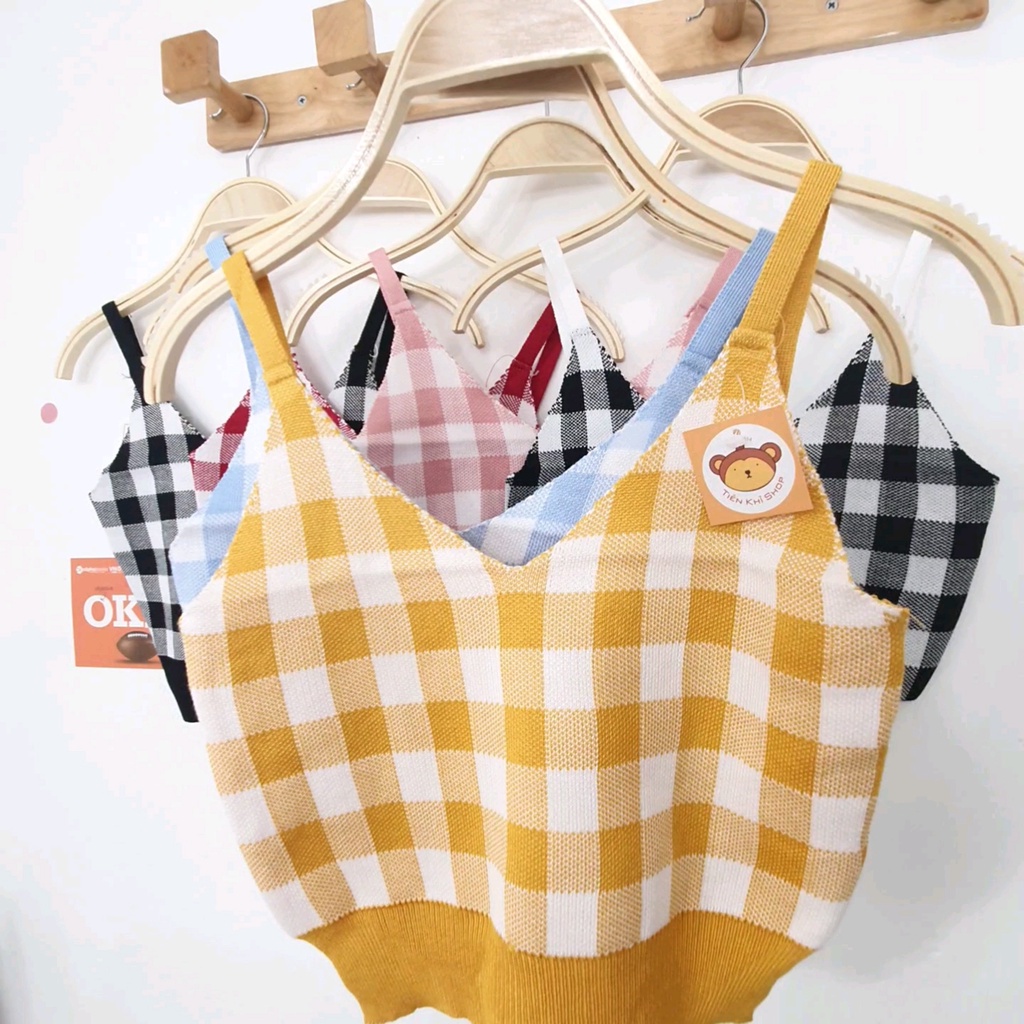 Áo hai dây len croptop caro dành cho nữ mùa hè A2S14