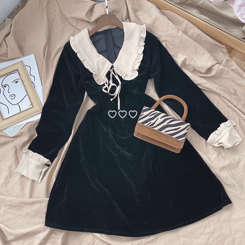 ĐẦM NHUNG ĐEN TD CỔ KEM