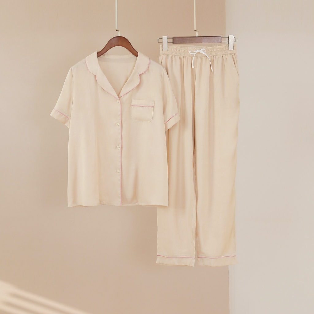 Bộ Pijama MOMOJAMA áo cộc quần dài chất liệu lụa tằm, size từ 40 -70kg, M1785
