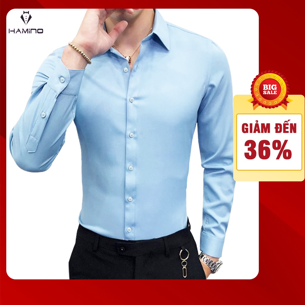 Áo sơ mi nam Đen dài tay Hàn Quốc vải lụa cotton chéo, mềm mịn, không nhăn theo phong cách công sở