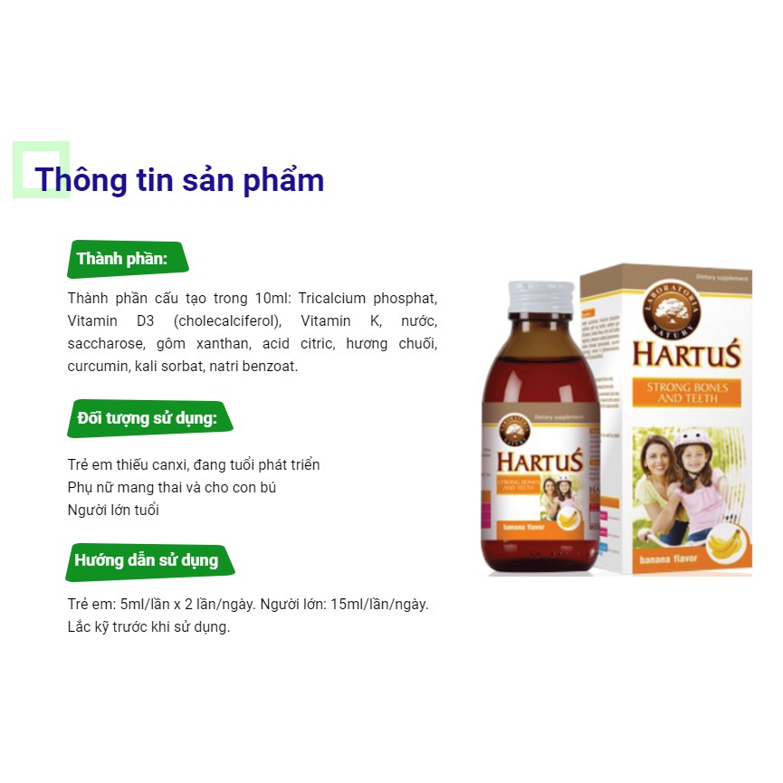 [Canxi cho trẻ - Tặng 2 khăn] Hartus’ Strong Bones &amp; Teeth (Hartus’ Calci) – Dùng cho phụ nữ có thai, trẻ &gt;4 tháng