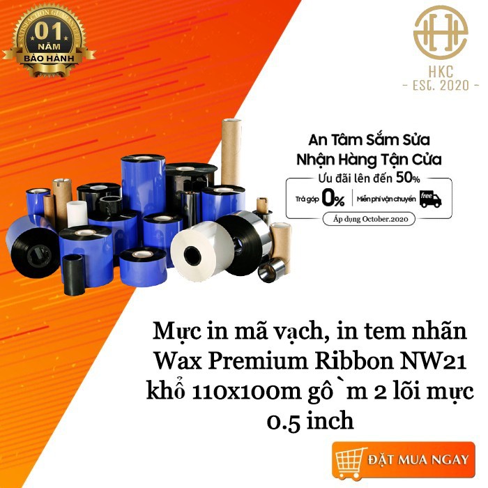 Mực in mã vạch, in tem nhãn Wax Premium Ribbon NW21 khổ 110x100m gồm 2 lõi mực 0.5 inch