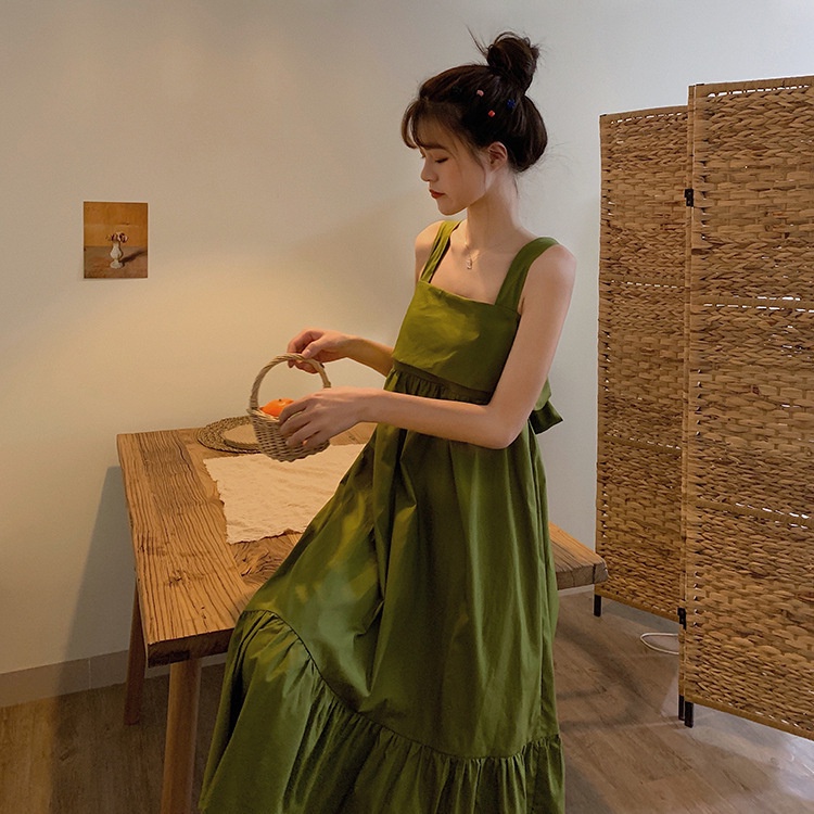 Đầm Hai Dây Hở Lưng Màu Xanh Bơ Phong Cách Ngọt Ngào Thời Trang Mùa Hè