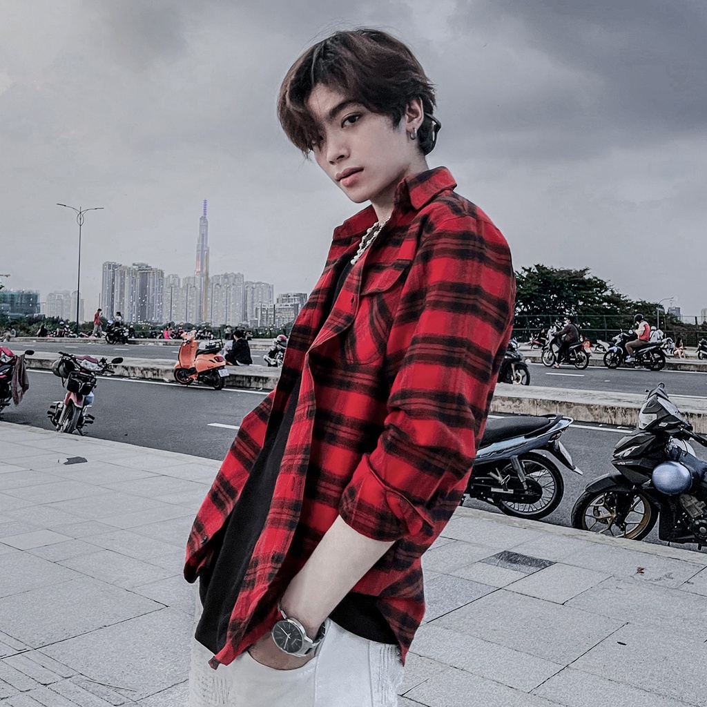 Áo Sơ Mi Flannel Màu Đỏ Sọc Xanh
