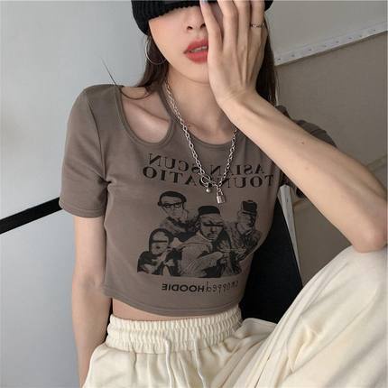 Áo Thun Croptop Ngắn Tay Form Ôm In Họa Tiết Phong Cách Vintage