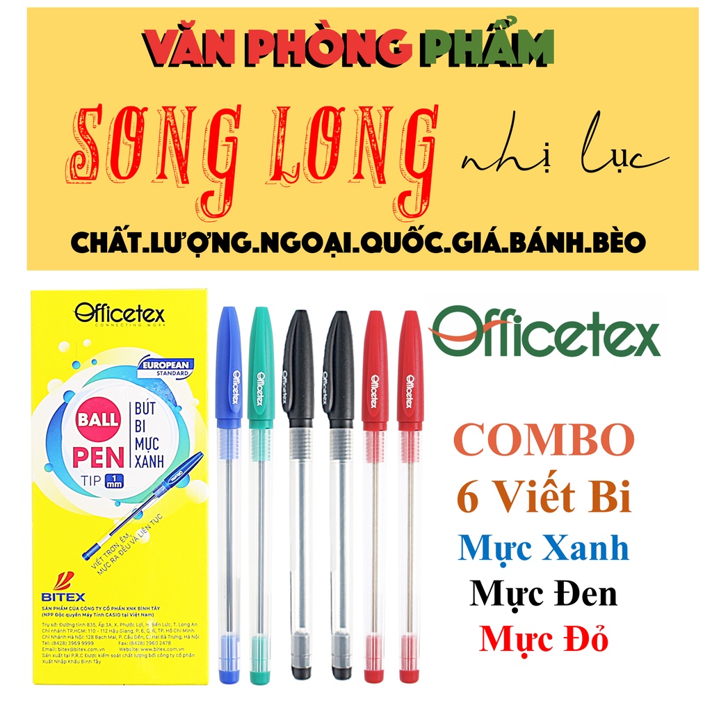 COMBO 6 Bút Bi Mực XANH, ĐEN, ĐỎ viết Êm Trơn, mực ra Đều, không Lem - Tiêu chuẩn Châu Âu - TH Offiectex của BiteX