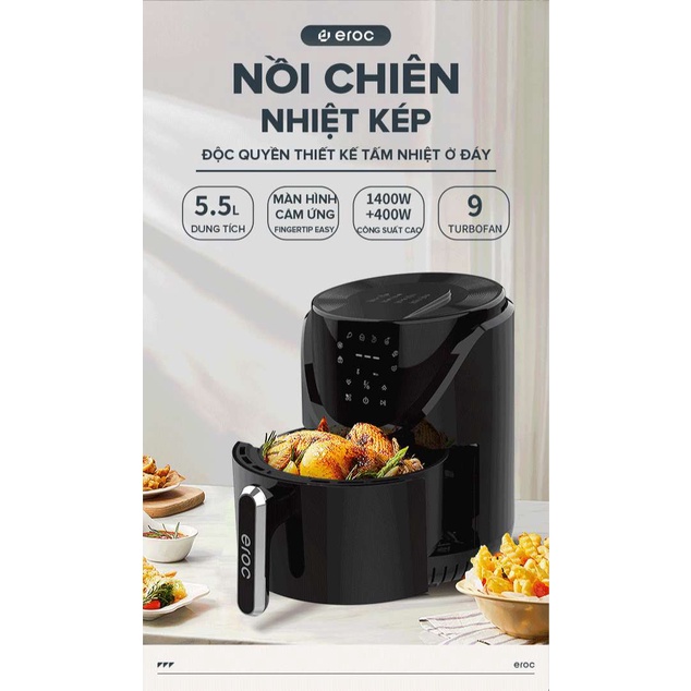 Nồi Chiên Không Dầu Eroc V-D2 Chống Dính 5.5L [Thép Không Gỉ, Màn Hình Cảm Ứng] Bảo Hành 1 Năm