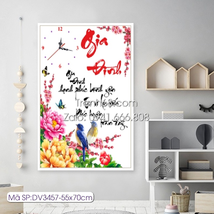 Tranh thêu chữ thập đồng hồ Cha mẹ 70*55cm LV3457 - tự thêu (thêu kín trên nền vải trắng)