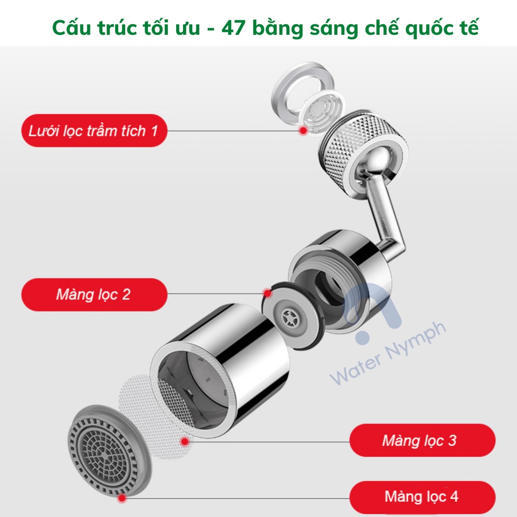 Đầu nối vòi nước xoay 720 độ, bằng đồng thau cao cấp Waternymph, tạo bọt, chống bắn, hai chế độ phun (tặng kèm ren)