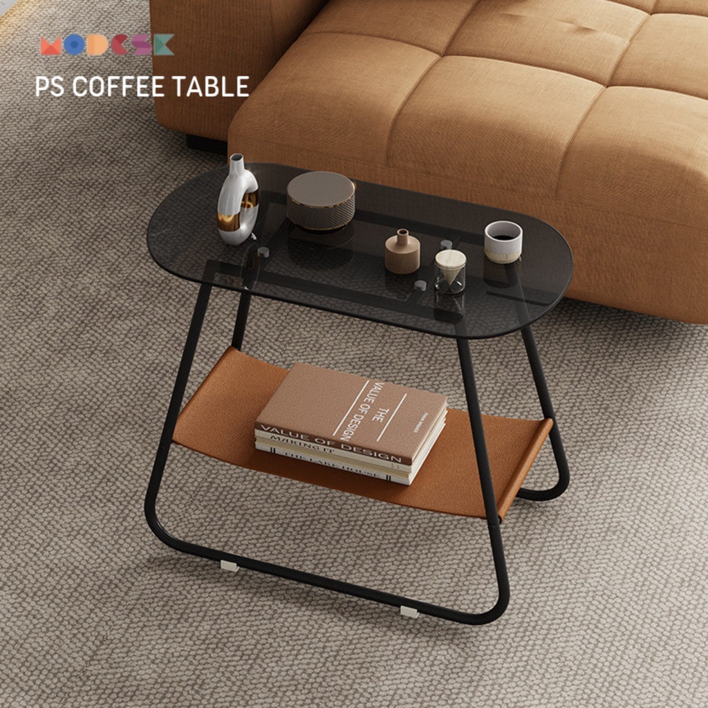 Bàn trà oval MODESK PS Coffee Table sắt sơn tĩnh điện Kính màu và da PU sang trọng