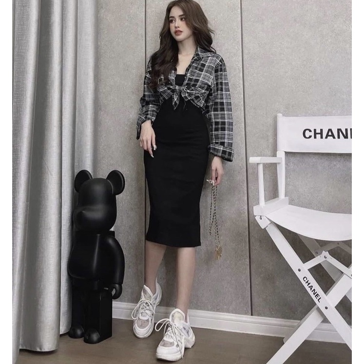 Set đầm Body + áo sơ mi caro bigsize 50-90kg