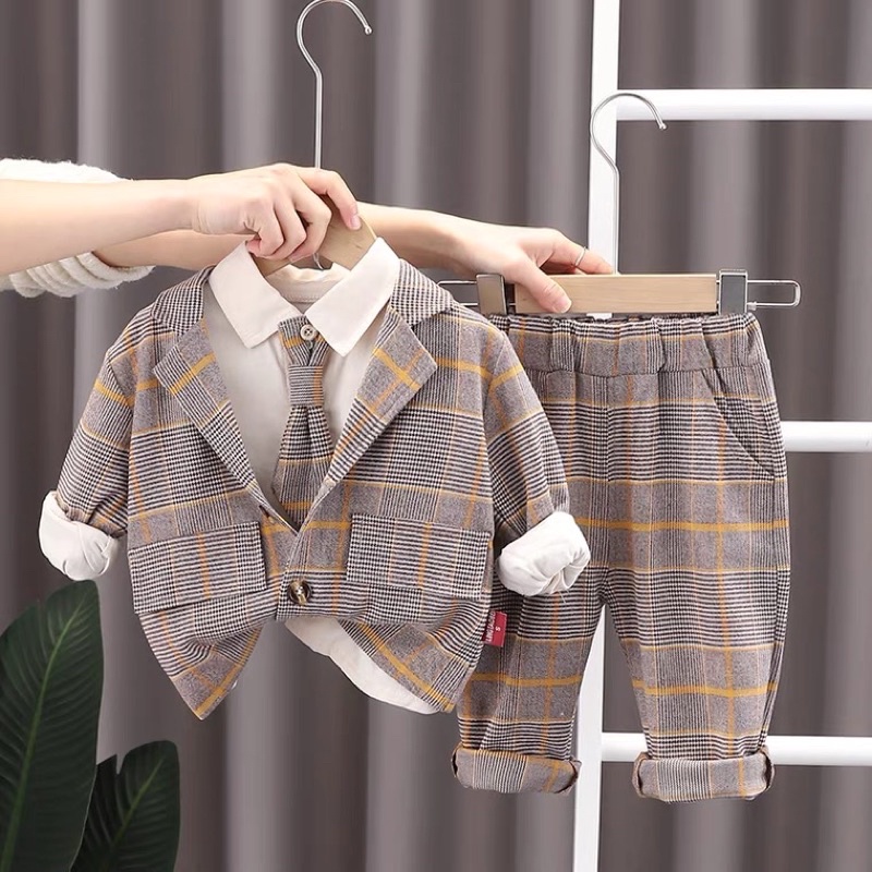 QCCC - Set vest 3 chi tiết hoạ tiết caro cho bé trai đi tiệc đi chơi