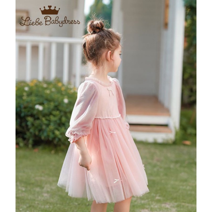 Đầm nhung voan công chúa bé gái hồng pastel phấn đính hạt 1-8 tuổi