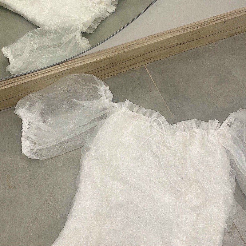 Đầm Trắng CHIC DRESS thiết kế tiểu thư búp tay bồng chất liệu vải hoa cotton & voan kiếng tone trắng nhẹ nhàng | BigBuy360 - bigbuy360.vn