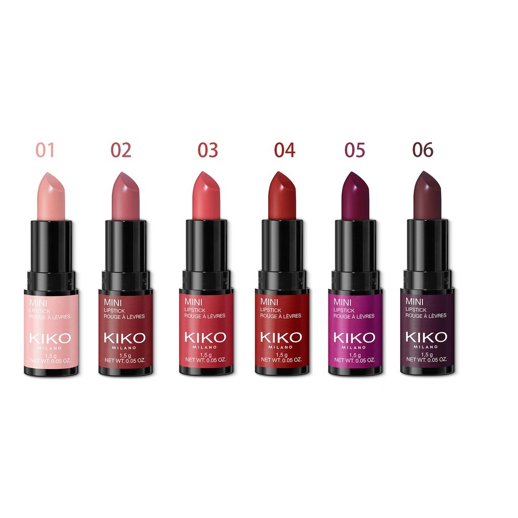 Son lì mini Kiko: 6 màu: hồng nude, hồng tím đất, hồng đất, đỏ nâu, tím hồng, tím đậm