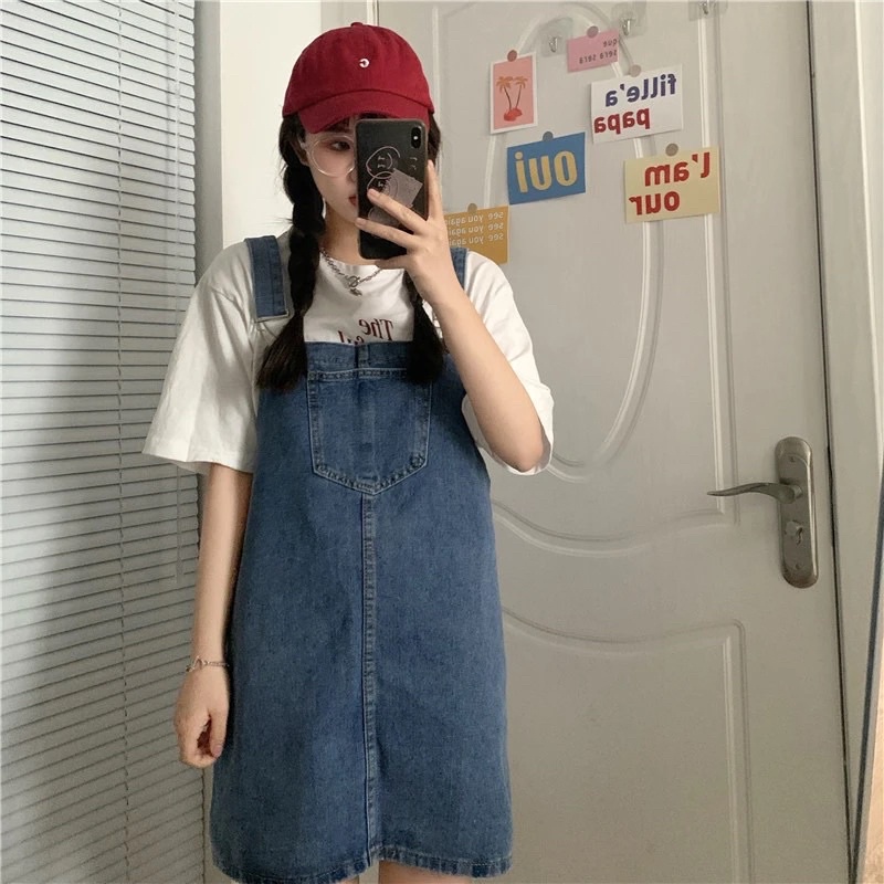 Váy Yếm Jean Nữ Màu Xanh Đen Có Túi Điều Chỉnh Dây Chất Bò Jean Loại 1 Phom Suông Phong Cách Ulzzang Basic Mặc Hàng Ngày
