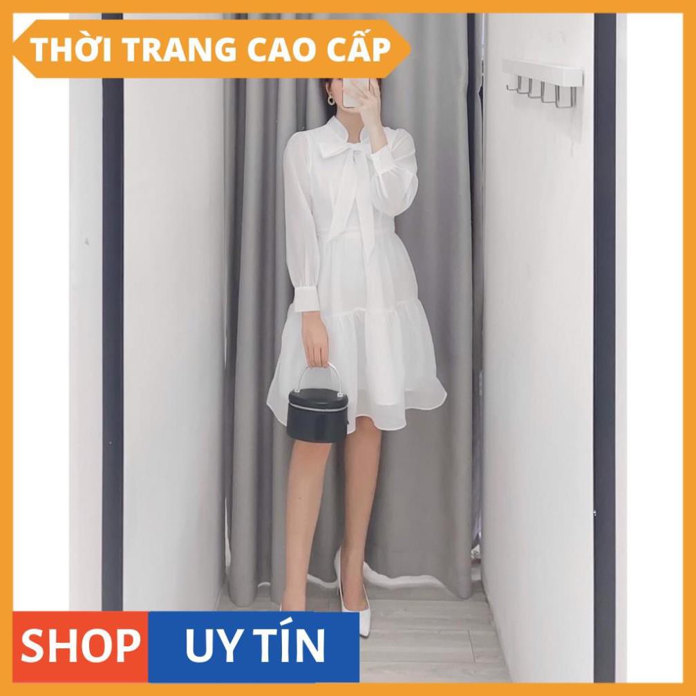 Đầm công sở trắng xanh nơ ngực tơ tầng xinh xắn - Moly dress [Hàng Cao Cấp]