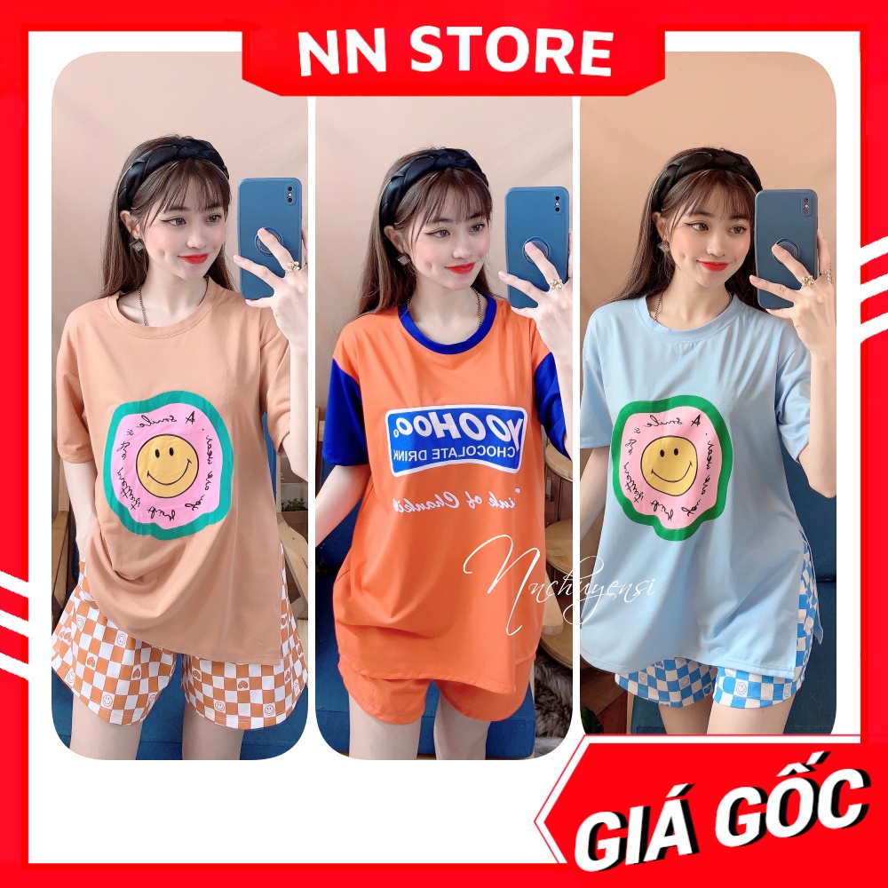 Đồ bộ thun đùi phom to cho nữ mặc nhà chất thun mềm mát in hình xẻ tà phối quần caro dễ thương TP89