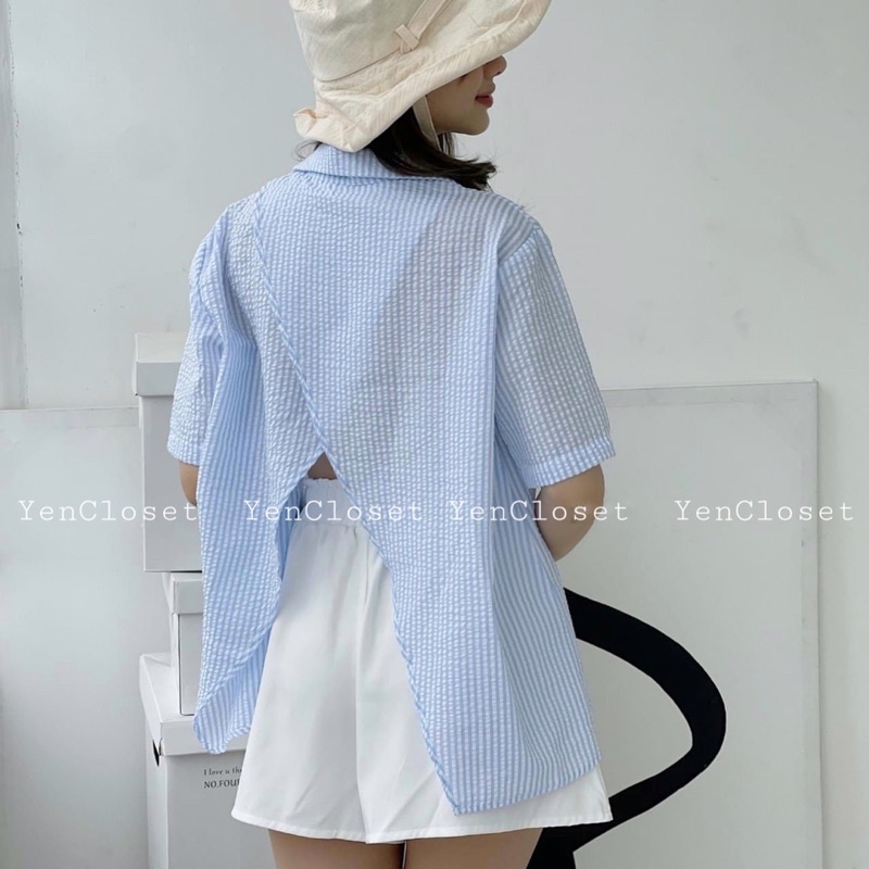 Hình thật [Freeship] - Set áo sơ mi sọc xẻ lưng và short trắng