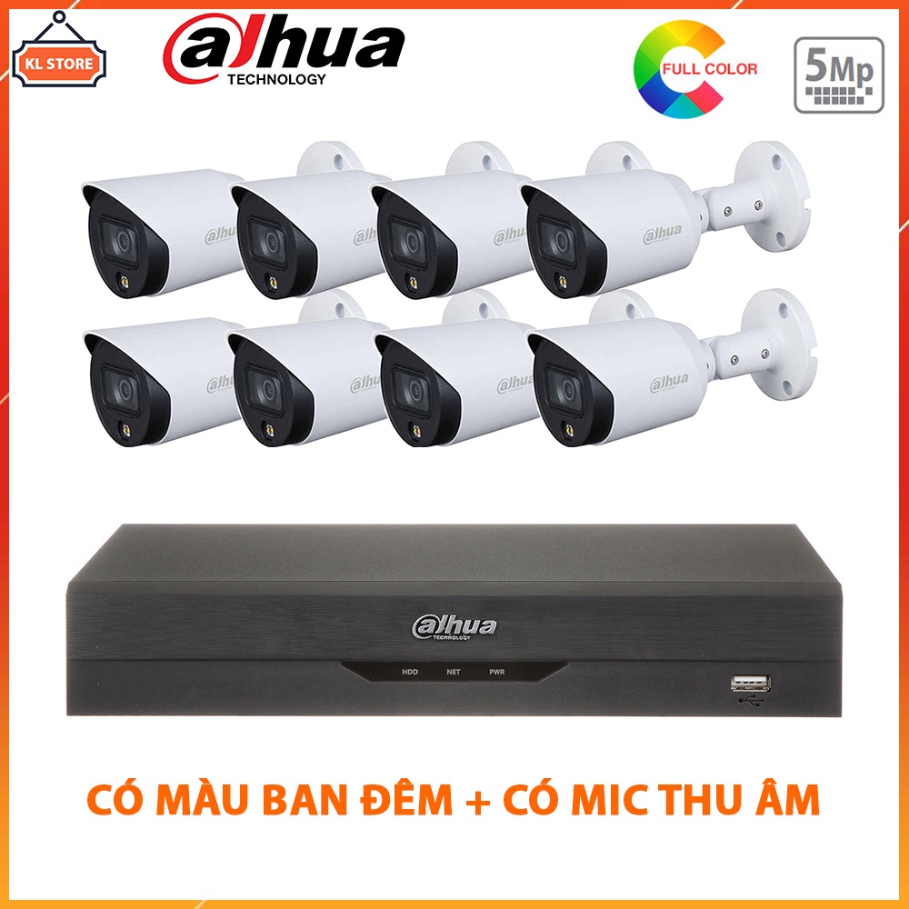 Bộ Camera Giám Sát 8 Kênh Dahua 5.0MP Có Màu Ban Đêm, Tích Hợp Mic Thu Âm, Đầy Đủ Phụ Kiện Lắp Đặt