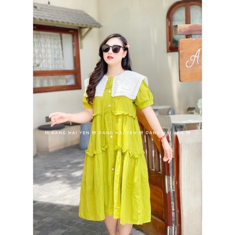 Đầm Babydoll Cổ Phối Ren Siêu Xinh, Đầm Bầu Xinh Nút Ngọc