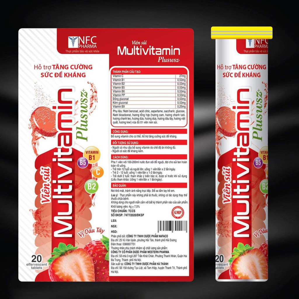 Viên sủi vị dâu tây Multivitamin PLUSZZS - FRUITS Vitamin C, B, PP - 20 viên [Viên sủi vị dâu tây ]