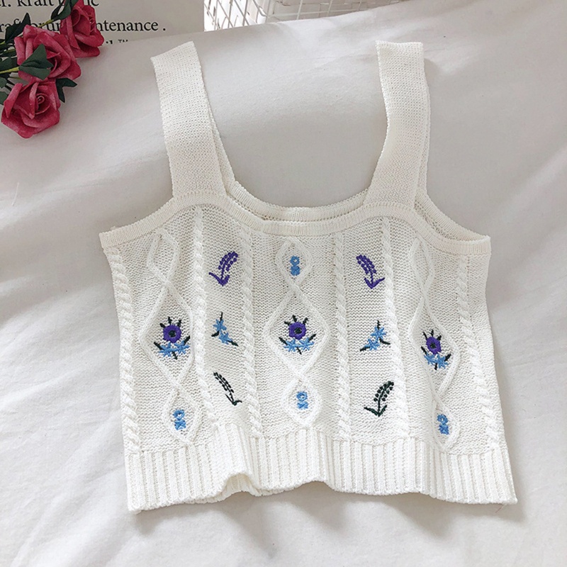 Áo Croptop Dệt Kim Không Tay Thêu Hoa Màu Sắc Ngọt Ngào Phong Cách Hàn Quốc Cho Nữ