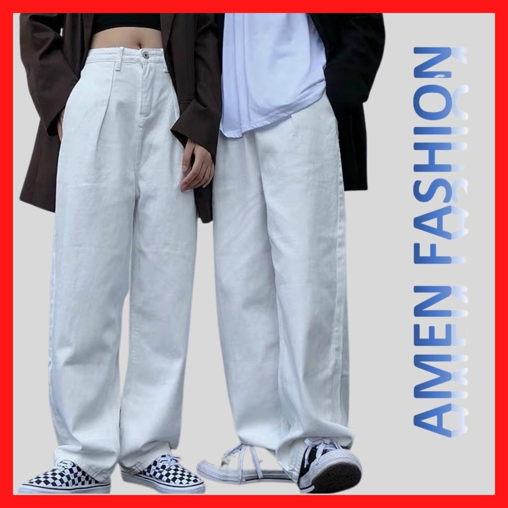 Quần Jean Ống Rộng nam nữ trắng đen cao cấp baggy dáng đứng Style Hàn Quốc AF022